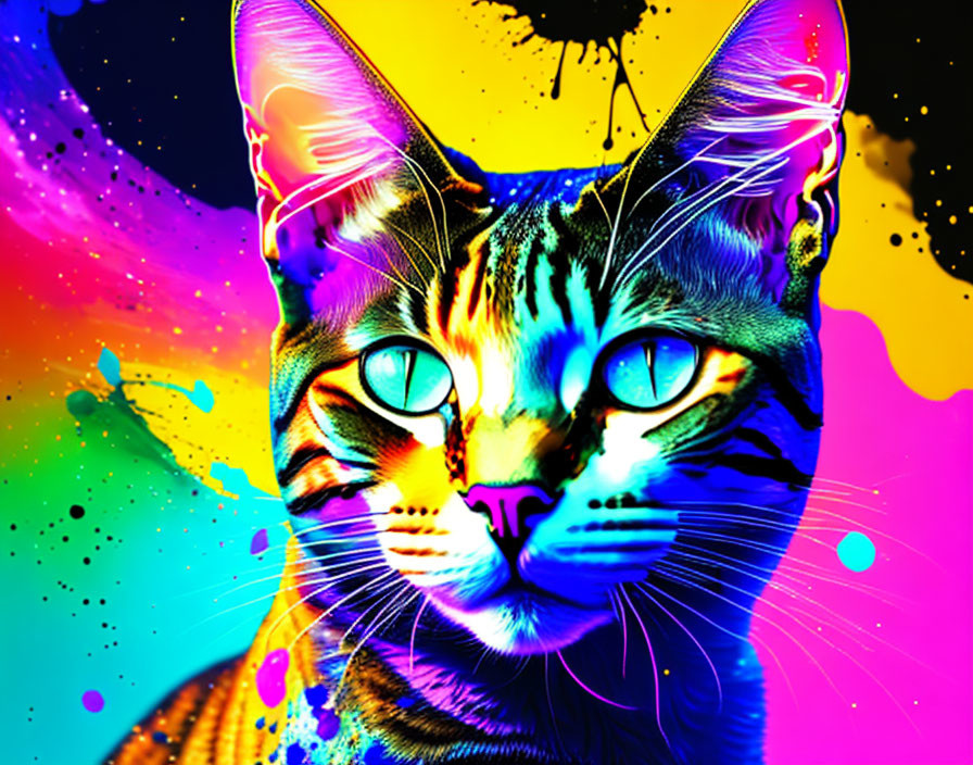 Colorful Psychedelic Cat Artwork with Neon Splattered Paint