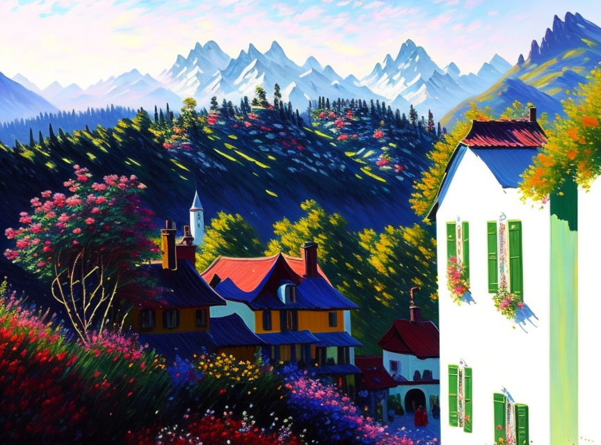 Colorful Painting of Picturesque Village with Mountains