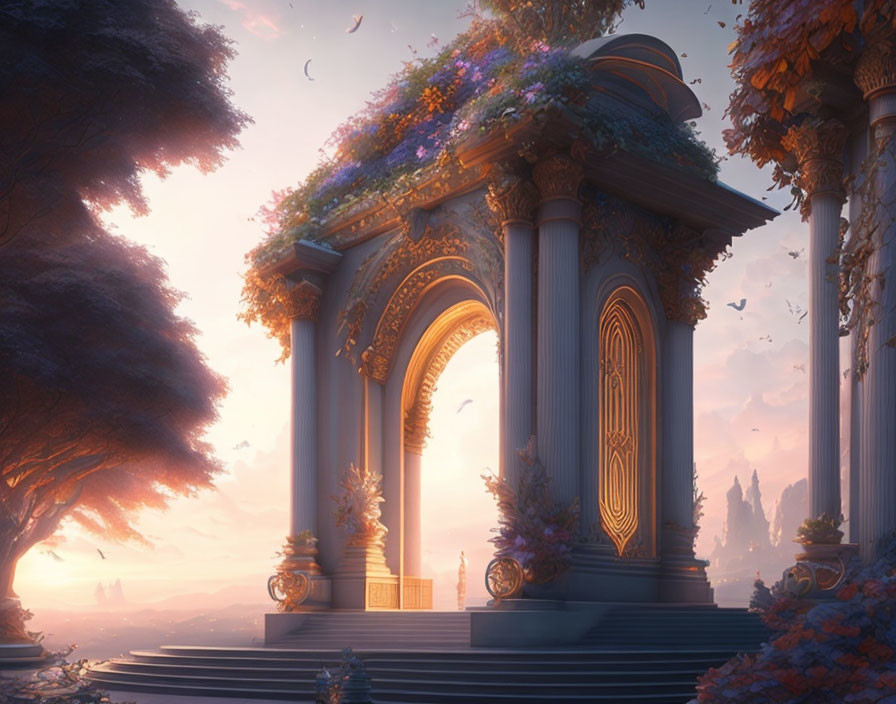 Ethereal pavilion with ornate details and colorful flowers in warm sunset light