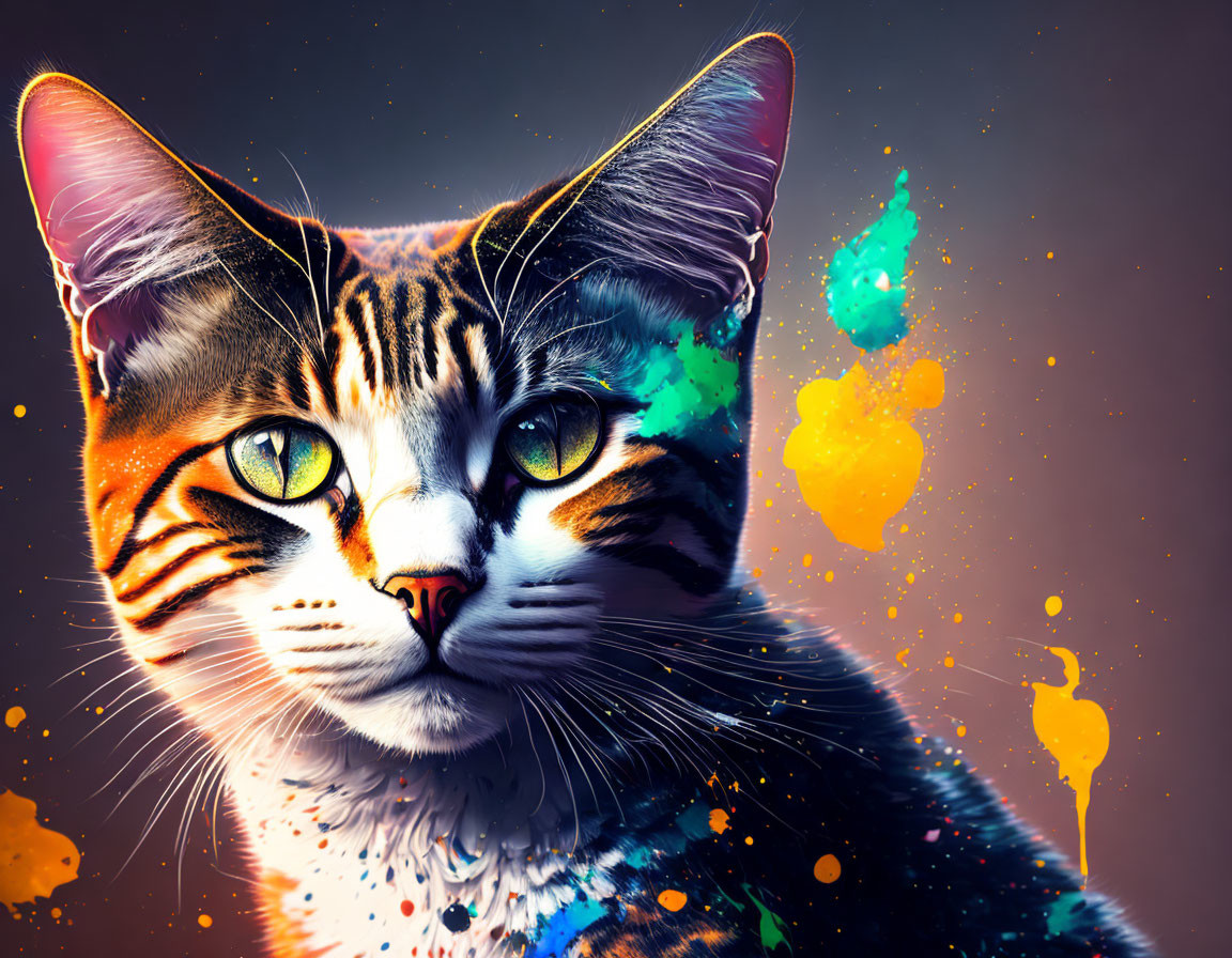 Colorful cat art against cosmic backdrop with neon paint splashes