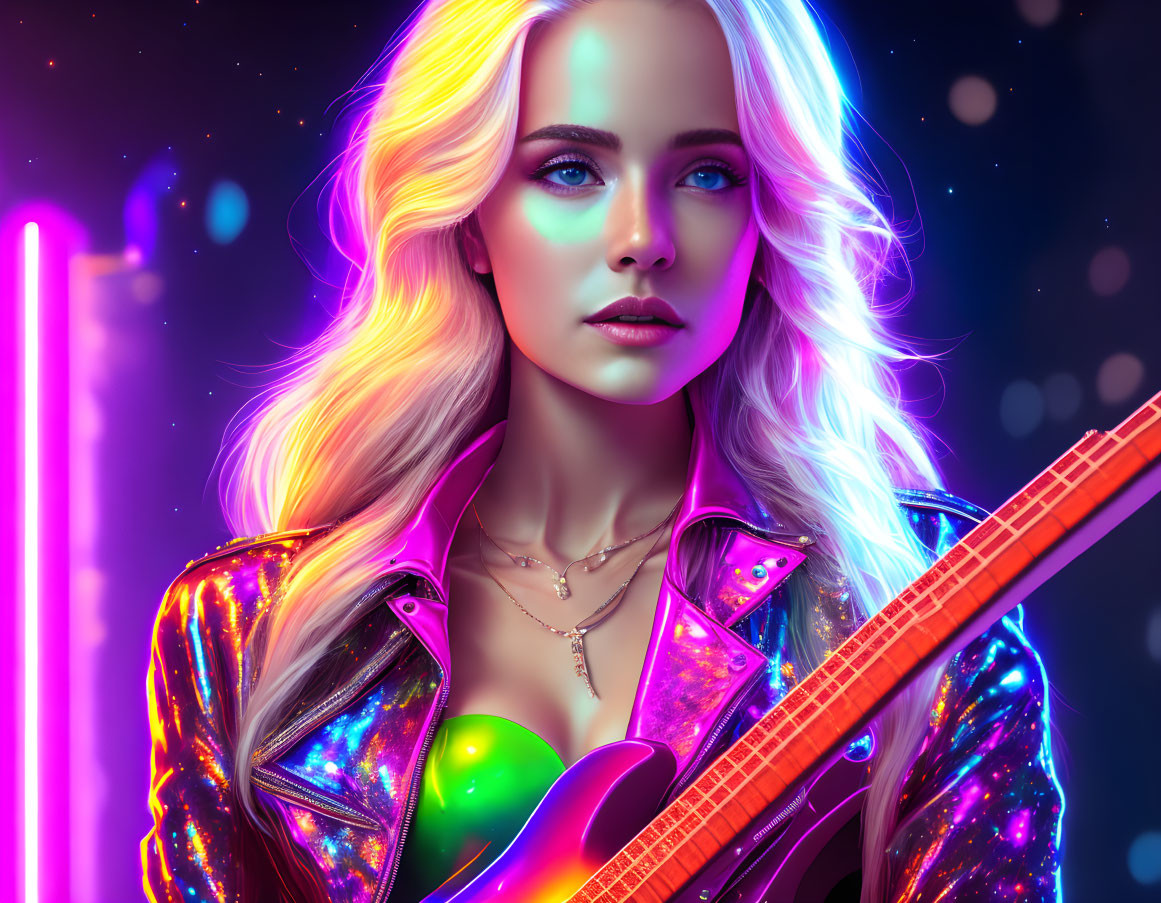 Blonde woman with blue eyes holding electric guitar under neon lights