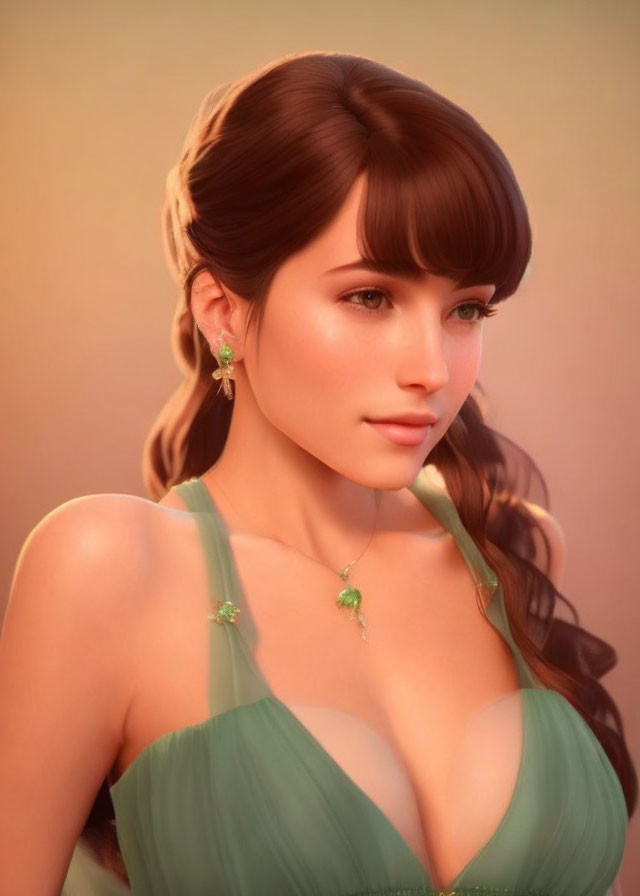 Woman in Green Dress with Brown Hair: 3D Rendering in Soft Background