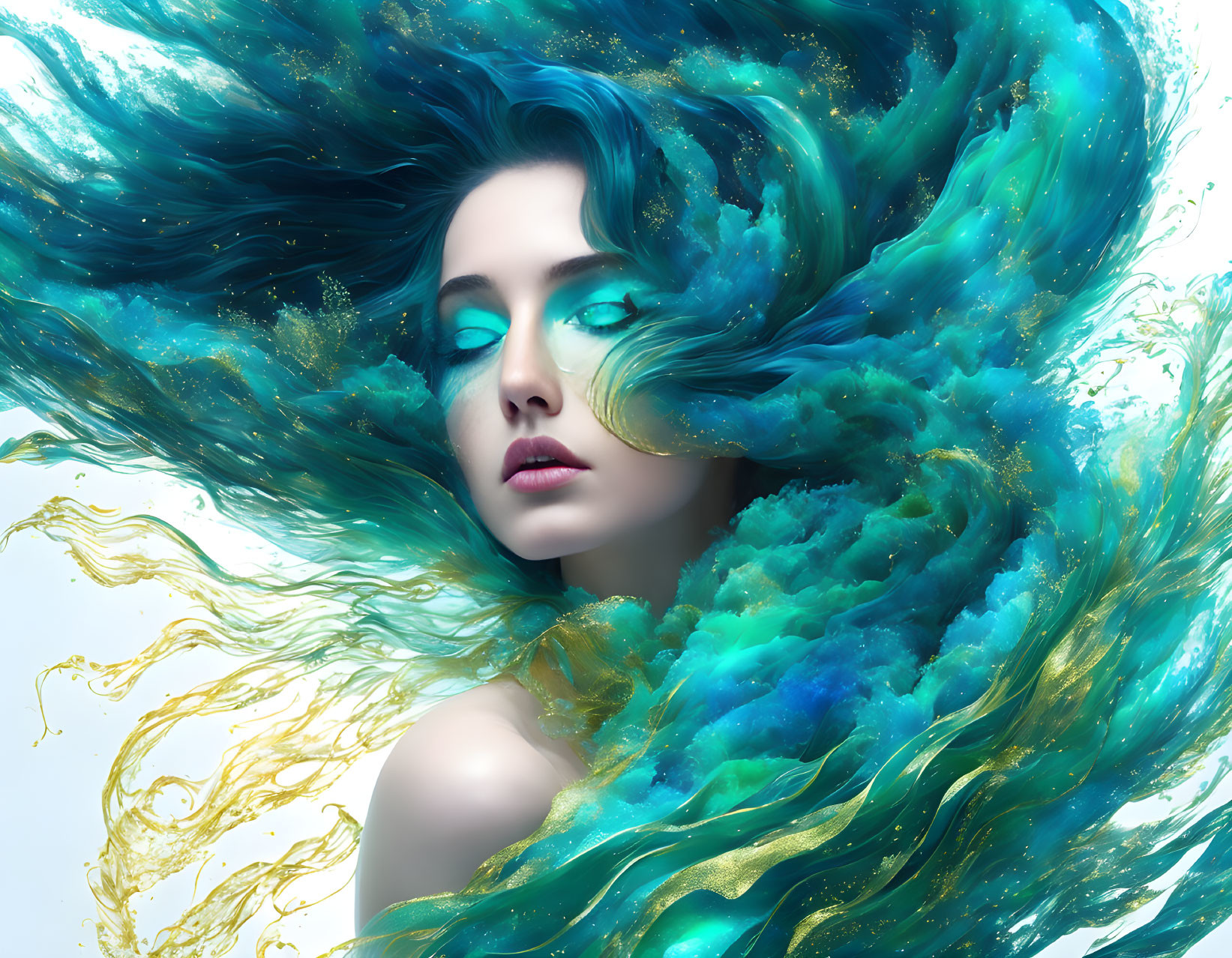 Teal-haired woman with gold accents in underwater theme