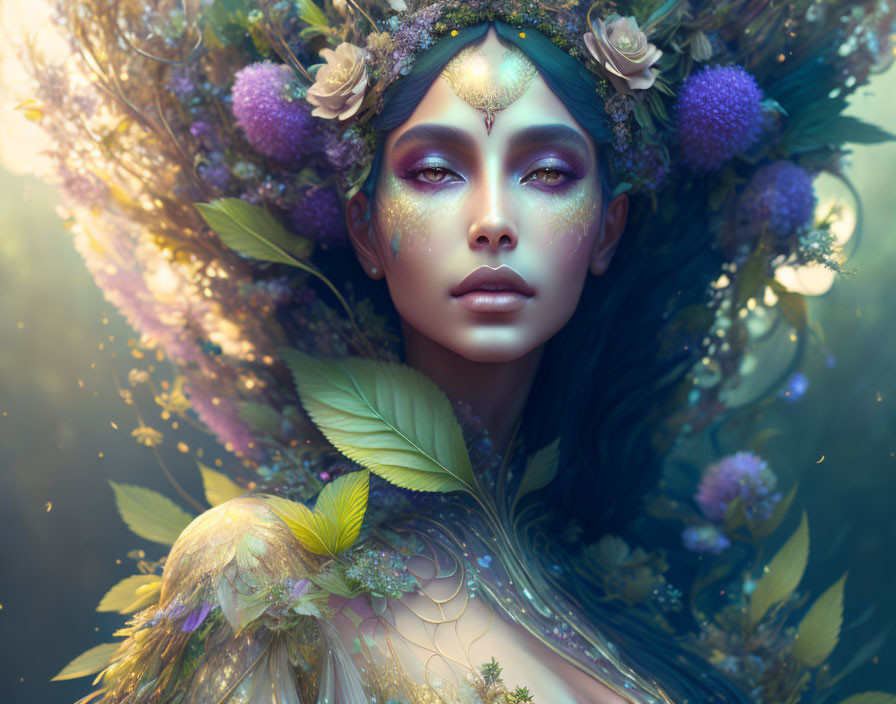 Mystical female figure with ornate floral headdress and serene expression