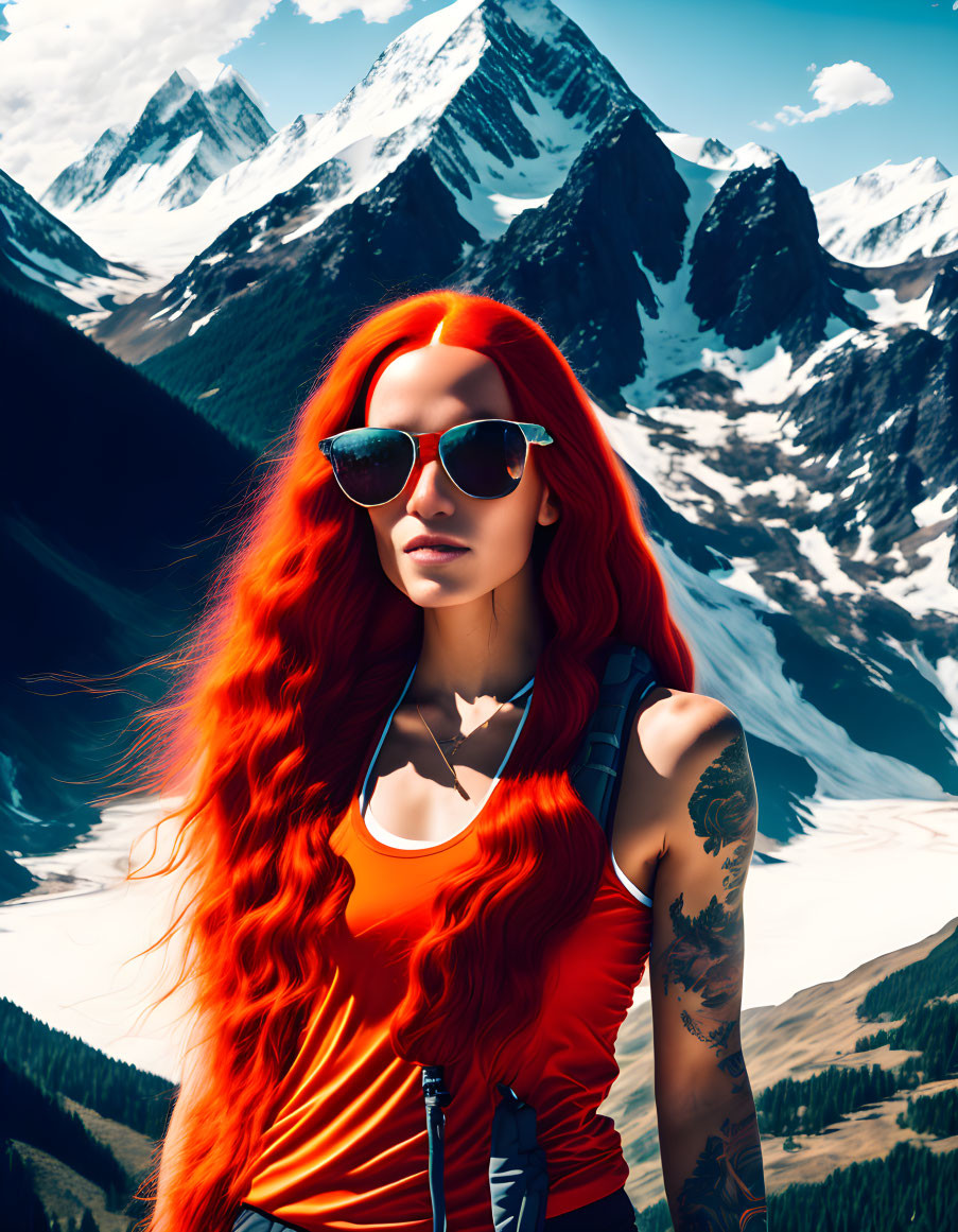 Red Haired Woman in Sunglasses with Sleeve Tattoos Stands Before Snowy Mountains