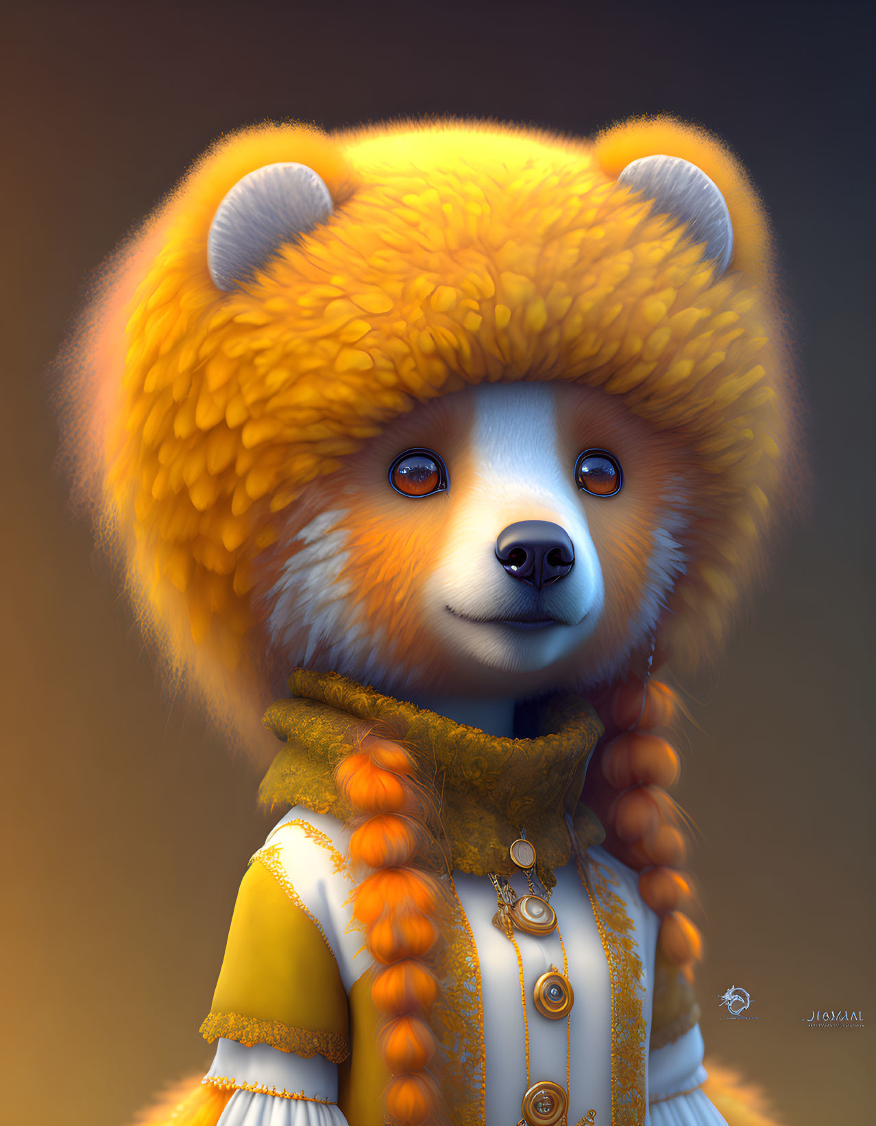 Anthropomorphic red panda digital art with yellow dress & scarf