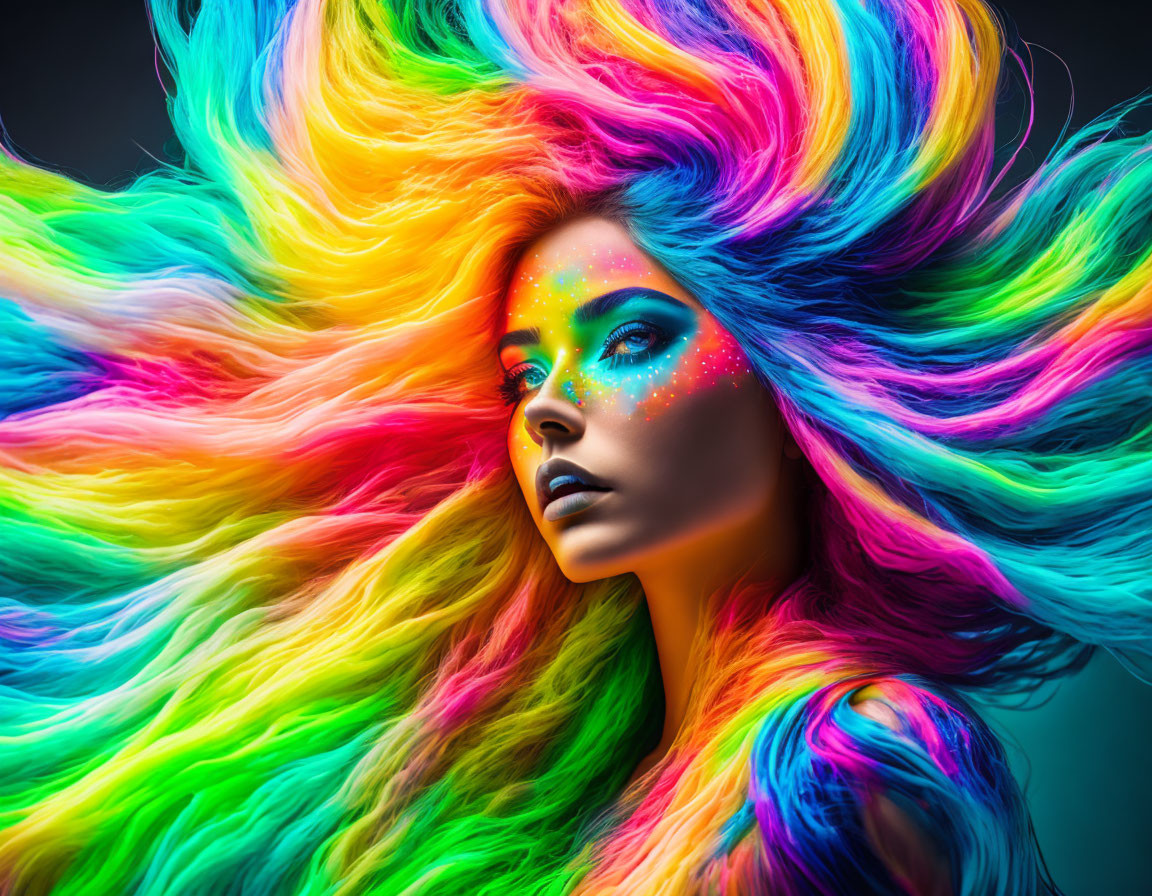 Colorful Rainbow Hair and Makeup on Woman with Blue Eyes