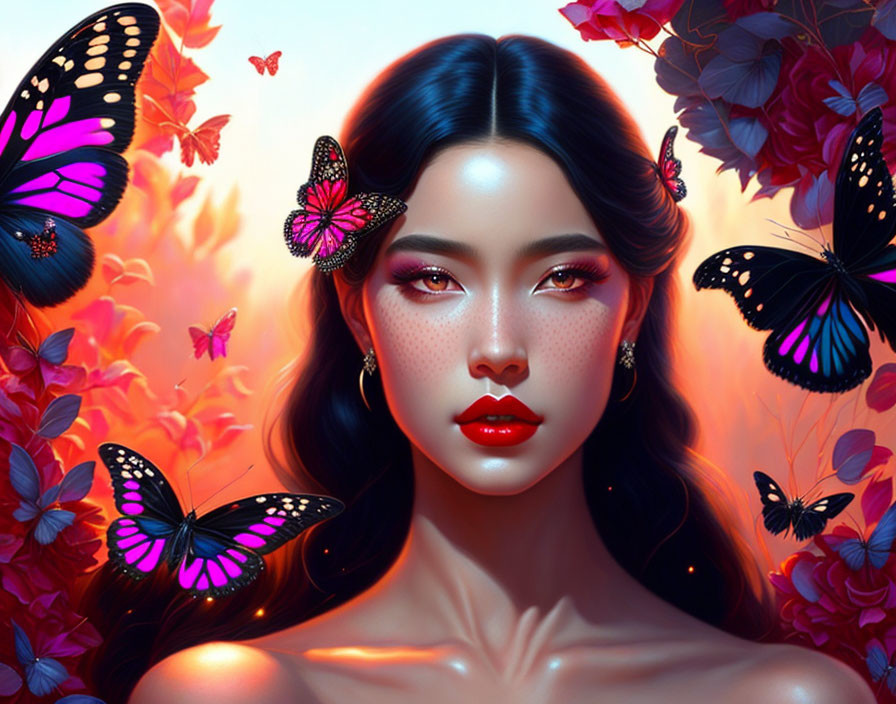 Digital artwork featuring woman with vibrant makeup, butterflies, and pink flowers