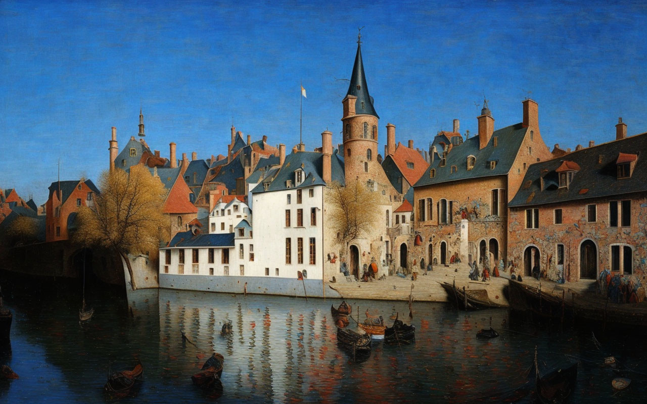 European Medieval Town Painting with River, Boats, and Townsfolk