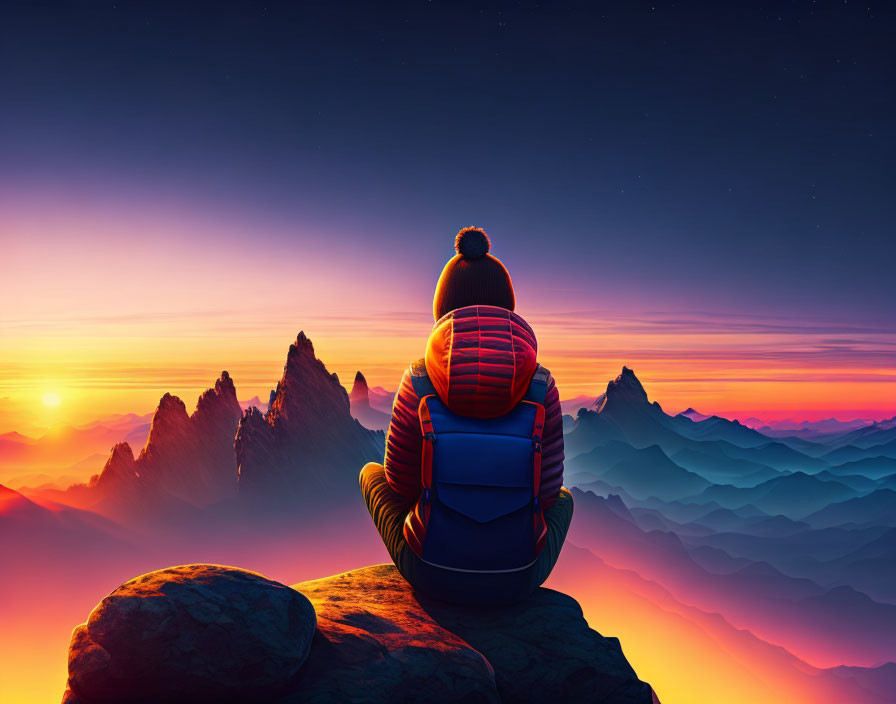 Person in warm jacket and beanie gazes at mountain landscape at sunset