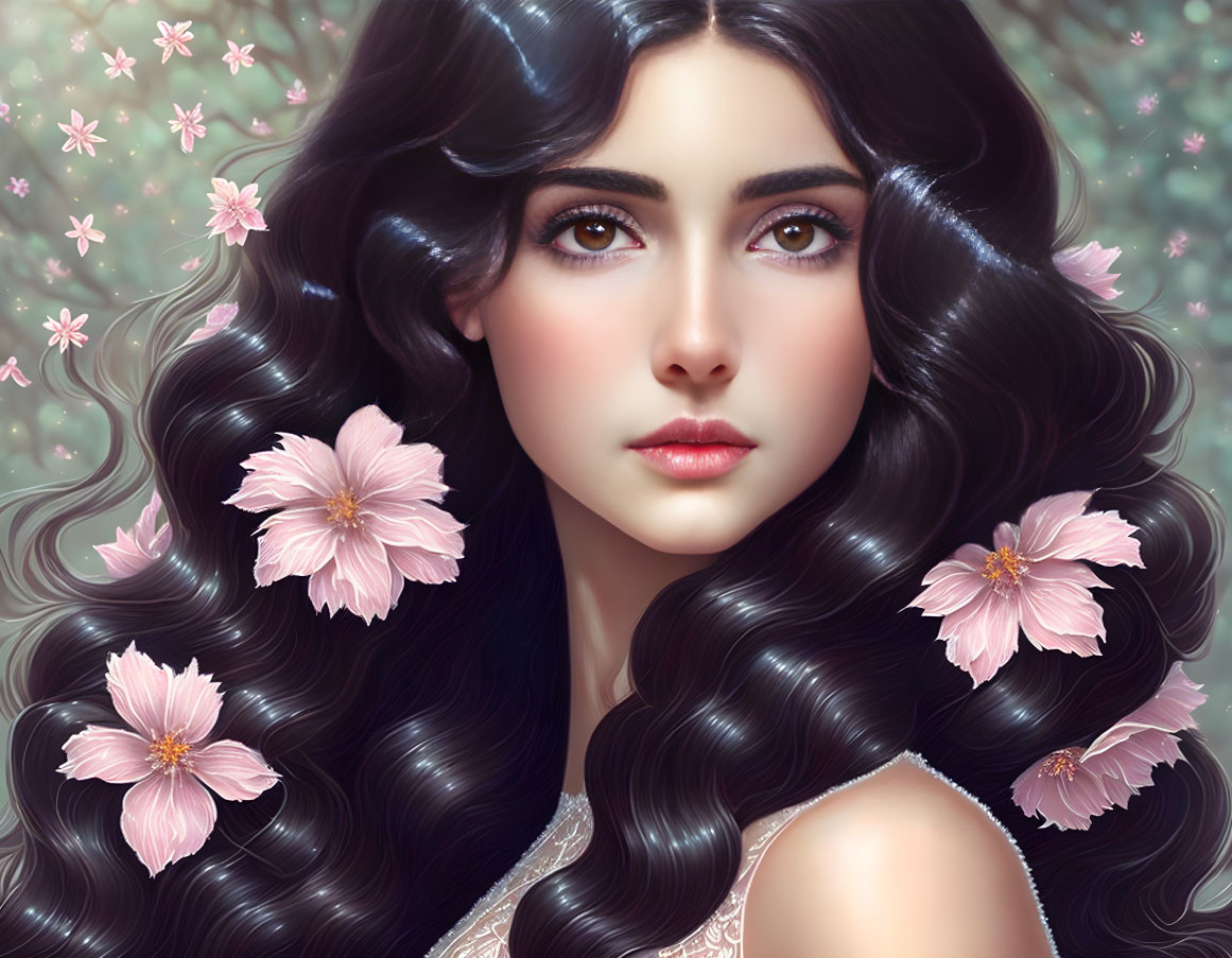 Woman with Dark Hair and Pink Flowers in Digital Art