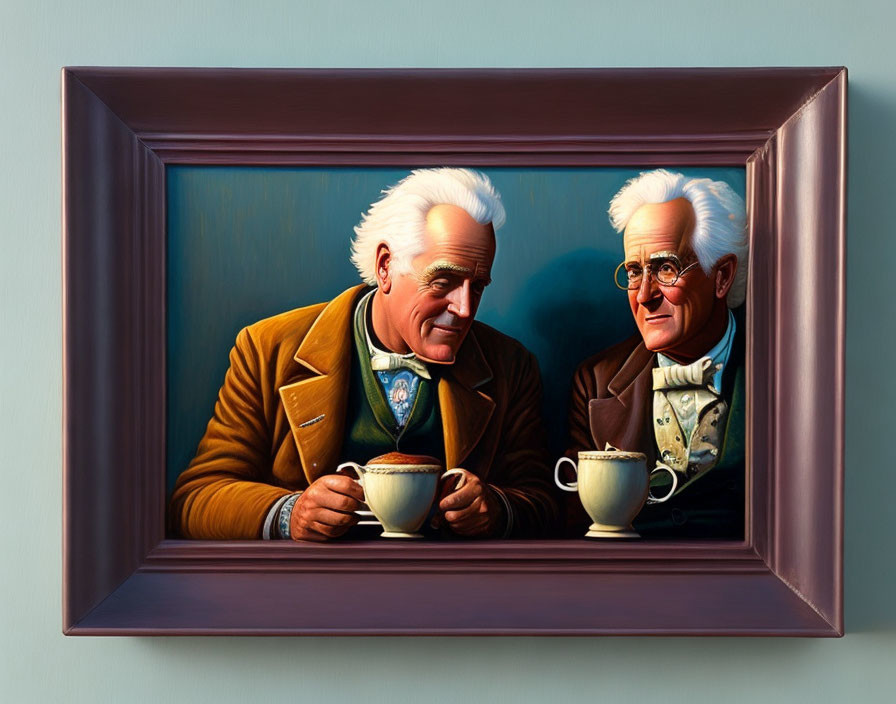 Elderly gentlemen sharing tea in framed portrait illustration