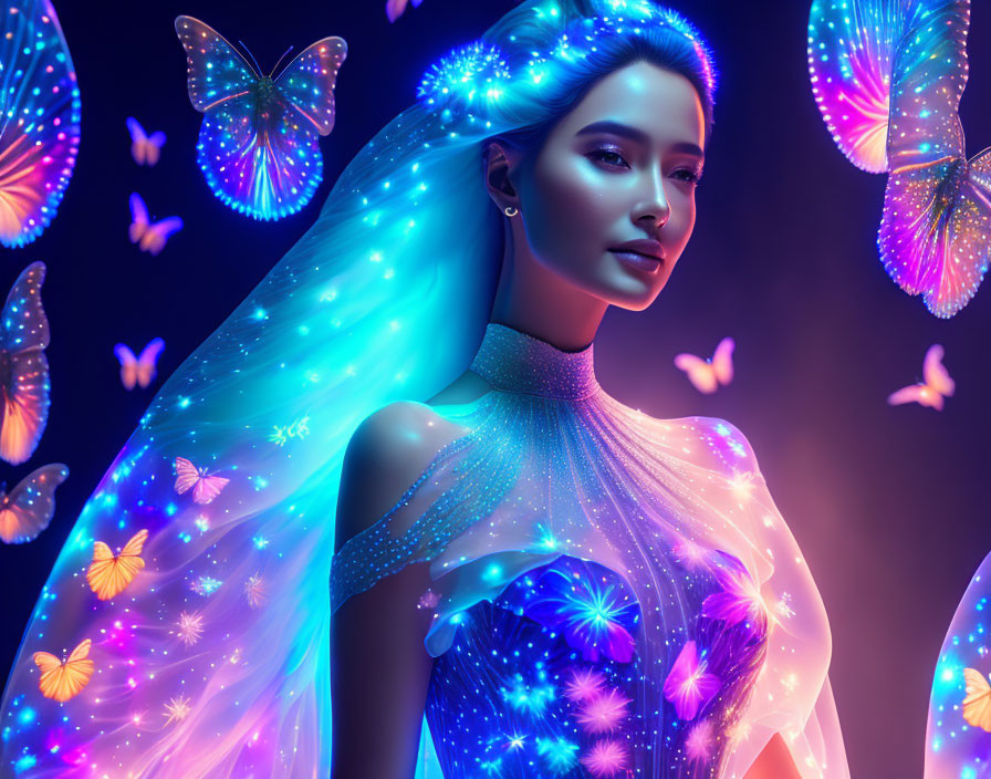 Digital art portrait of woman with colorful butterflies and ethereal dress