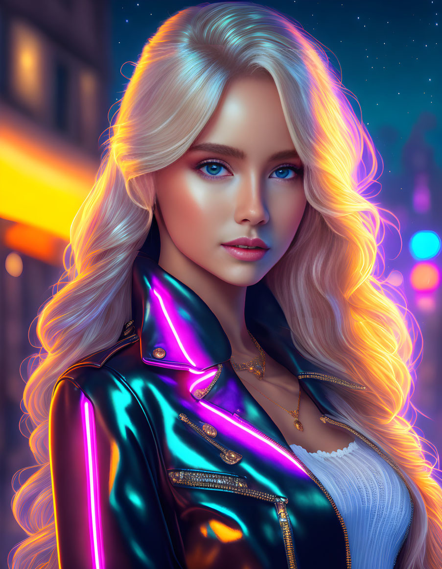 Digital art portrait of woman with glowing blonde hair, blue eyes, metallic jacket, neon-lit street