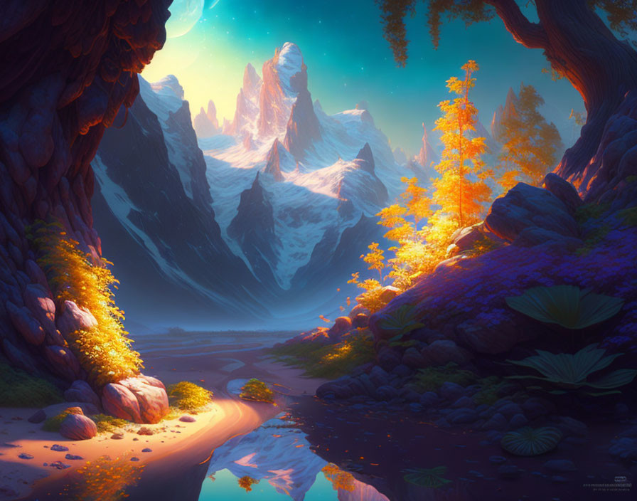 Digital Art: Mystical forest path to snow-capped mountains with autumnal trees.