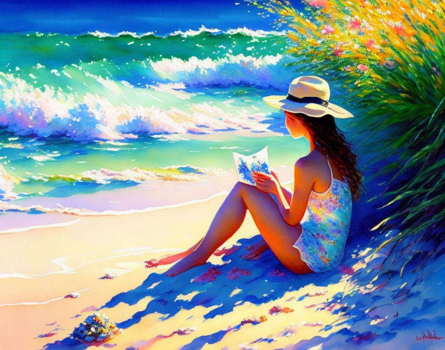 Woman reading book by vibrant blue waves on shore