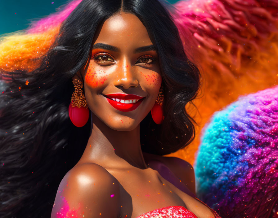 Portrait of a woman with vibrant makeup and freckles, surrounded by colorful fluffy accessories