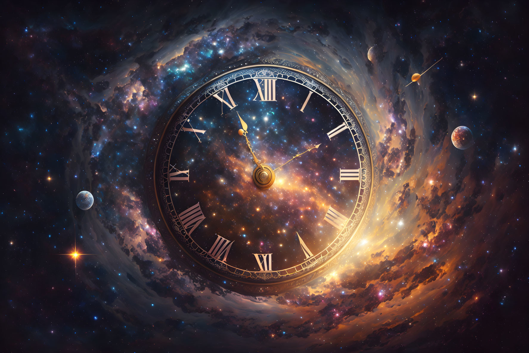 Ornate clock in cosmic scene with stars, nebulae, and planets