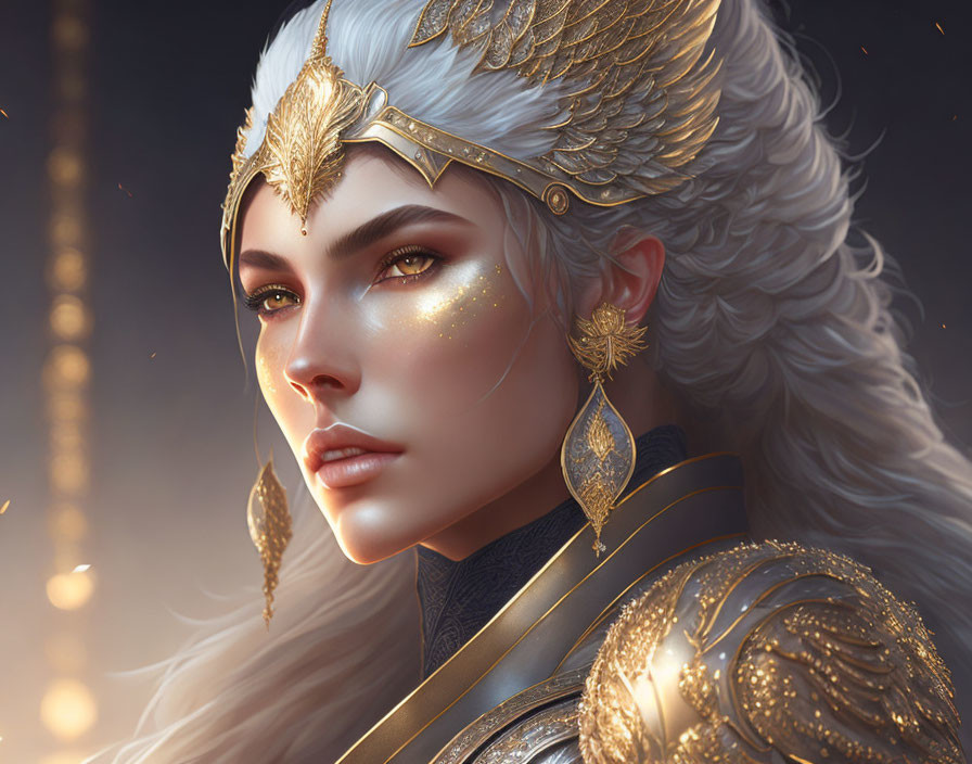 Fantasy female character portrait with white hair and winged helmet in gold and white armor