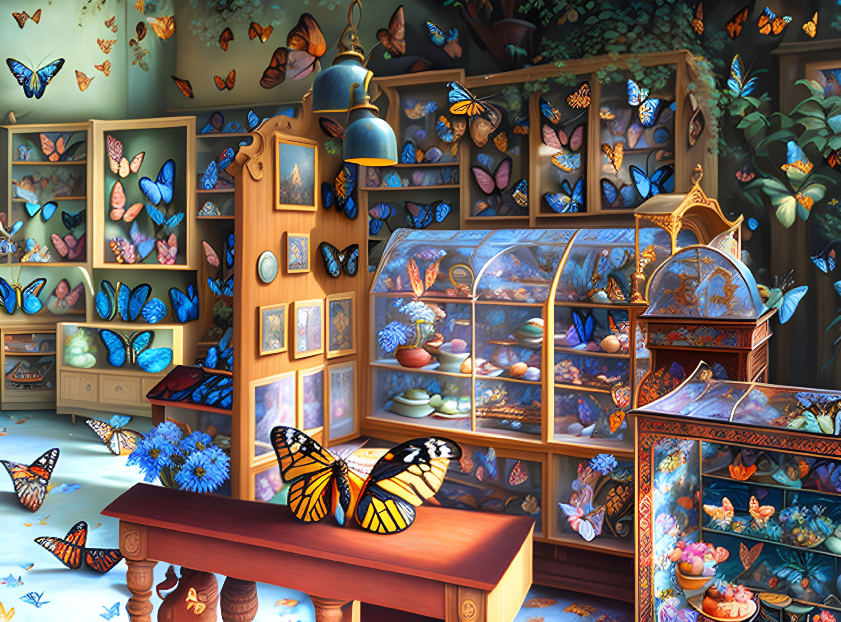 Assorted butterflies in flight and display cases in vibrant room