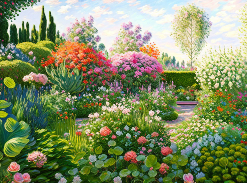 Colorful Flower Garden with Lush Greenery and Tall Trees