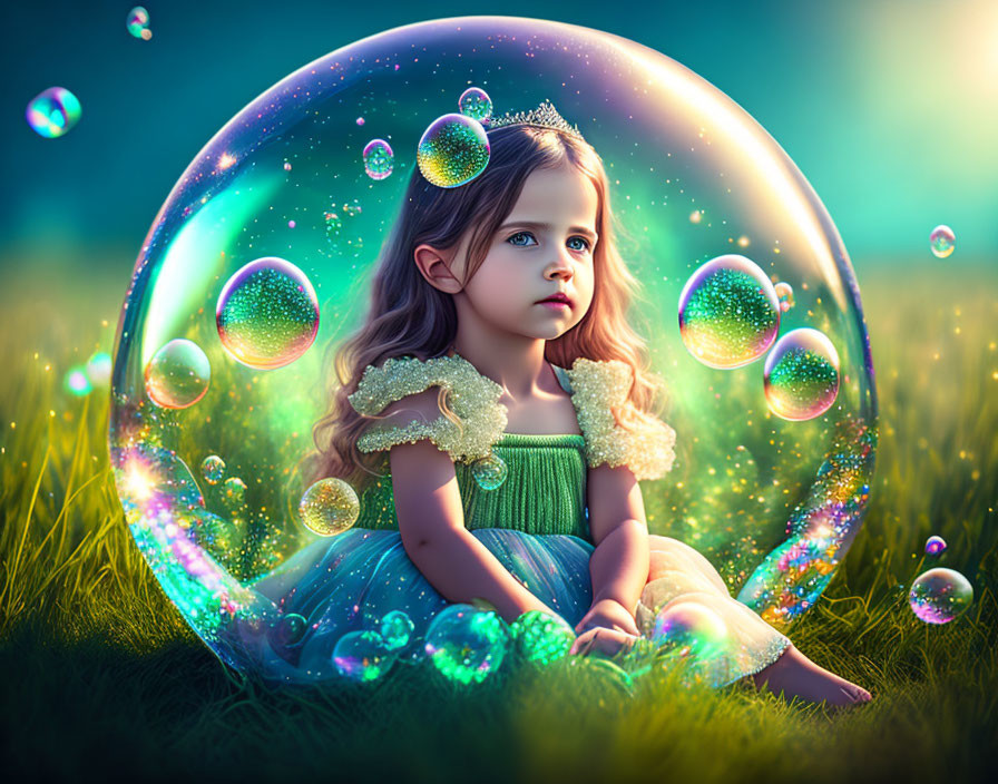 Young girl in green dress and tiara inside large bubble on grassy field surrounded by smaller bubbles