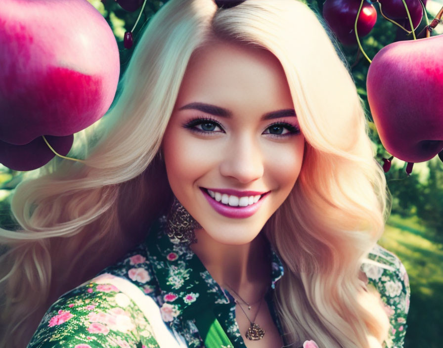 Blonde woman in orchard with ripe apples and cherries