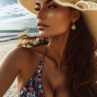 Woman in Floral Bikini and Sunhat on Beach with Wavy Hair and Earrings