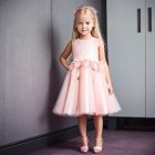 Young girl in pink dress and boots smiling in art gallery with floral paintings