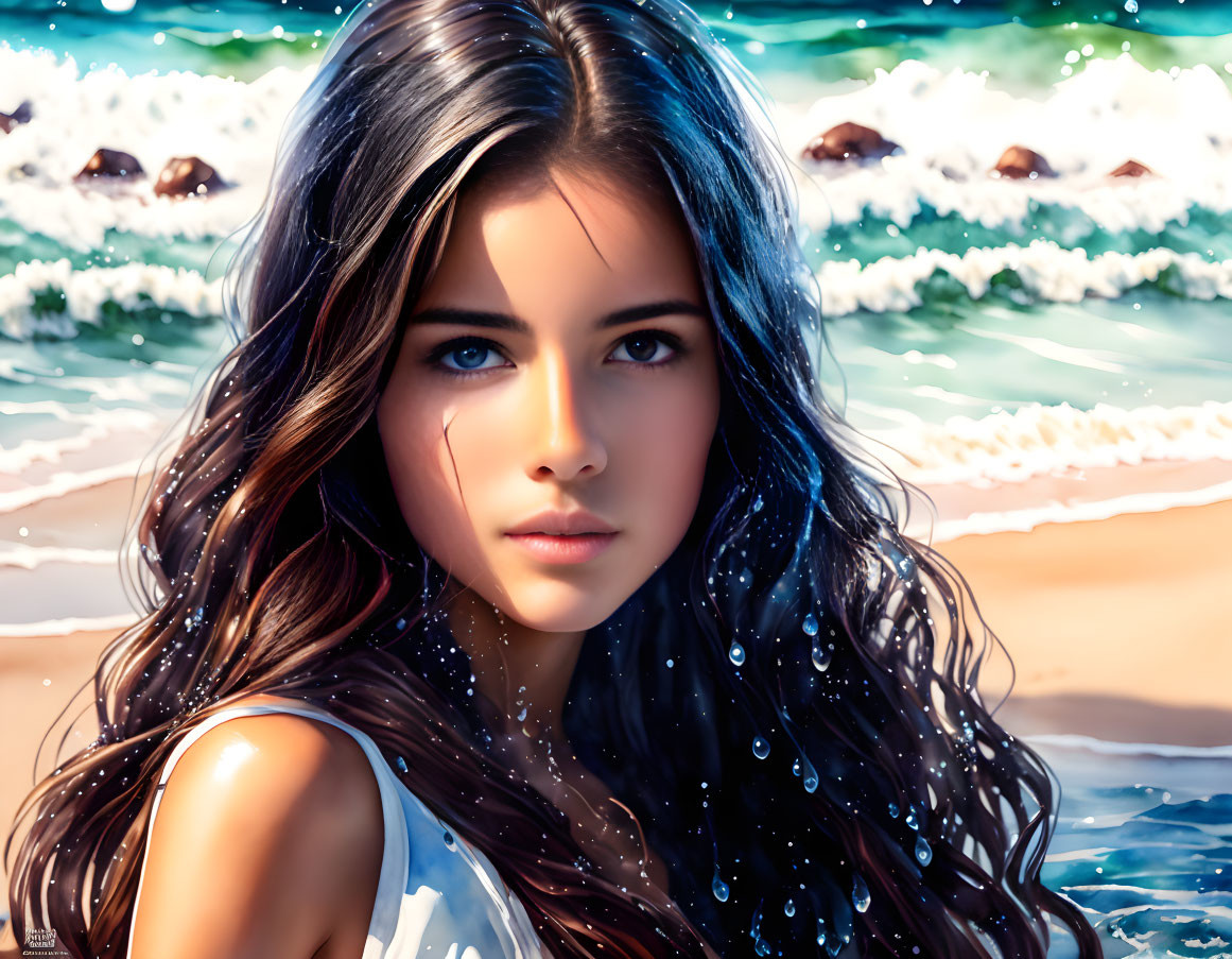 Digital artwork: Young woman with dark hair and clear skin, gazing forward, water droplets,