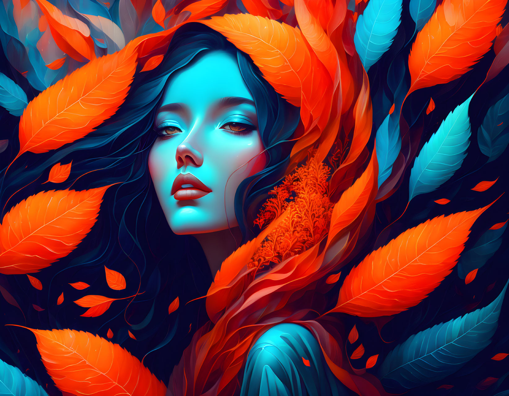 Woman in Vibrant Orange and Teal Feathers and Leaves