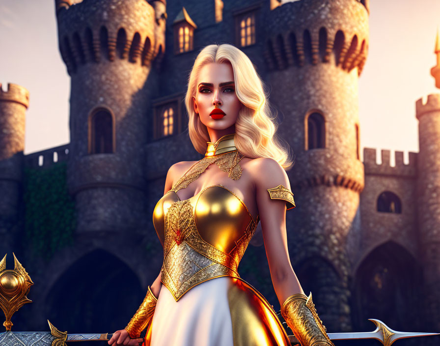 Blond Woman in Golden Medieval Dress at Sunset