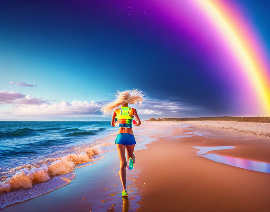 Woman Jogging on Beach at Sunset with Vibrant Rainbow