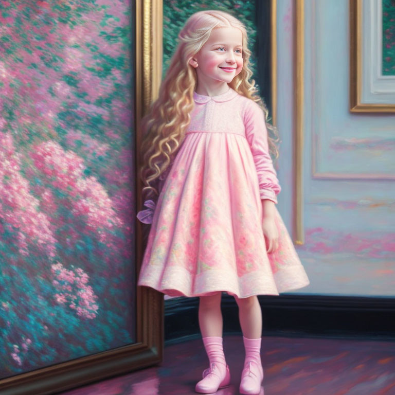 Young girl in pink dress and boots smiling in art gallery with floral paintings