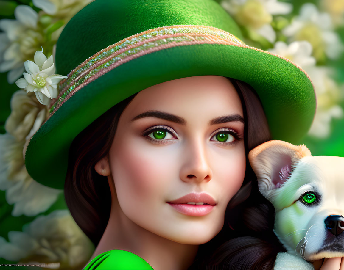 Woman with Green Eyes and Hat Holding Small Dog Among White Flowers