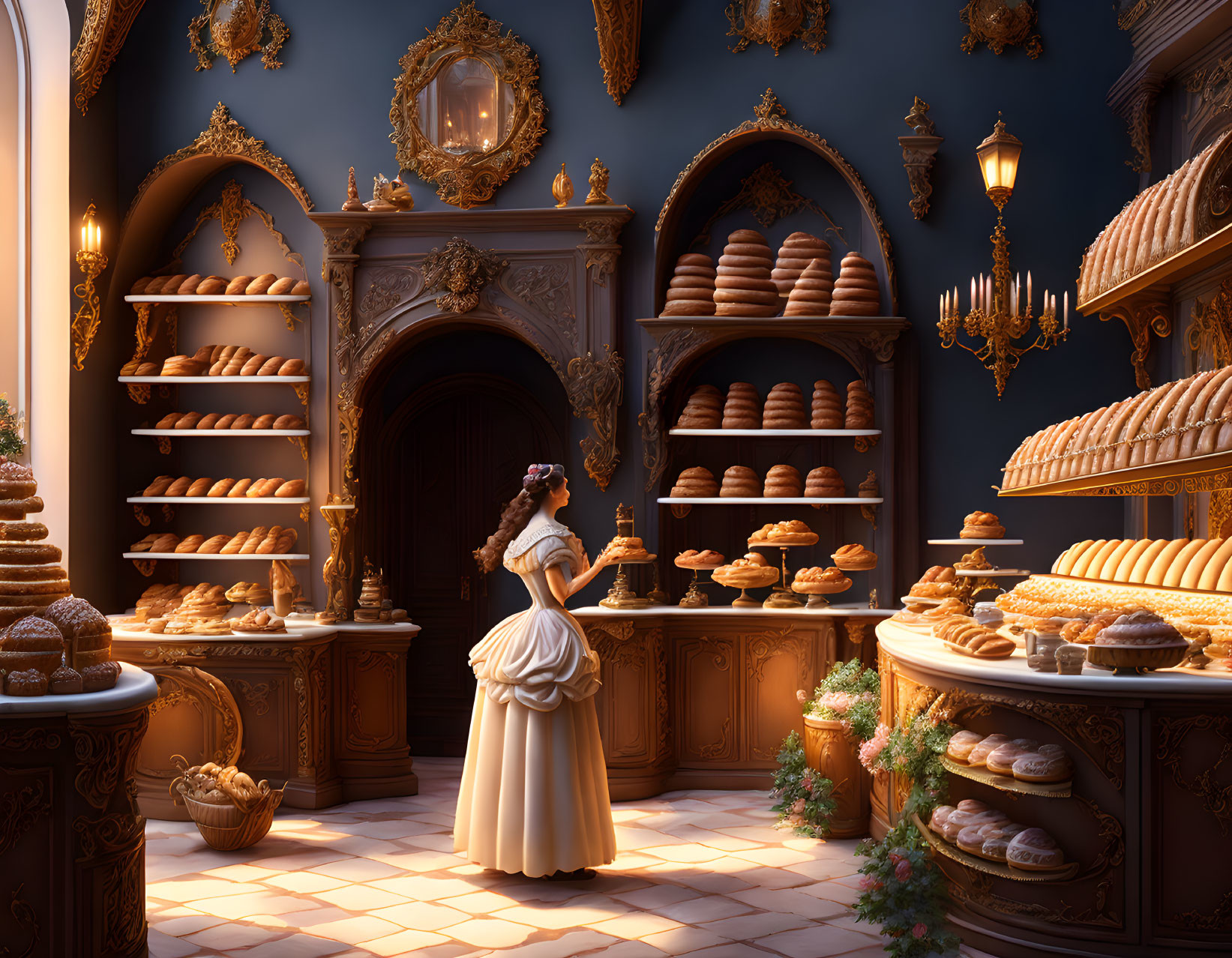 Vintage-dressed woman admires ornate bakery with bread and pastries shelves.