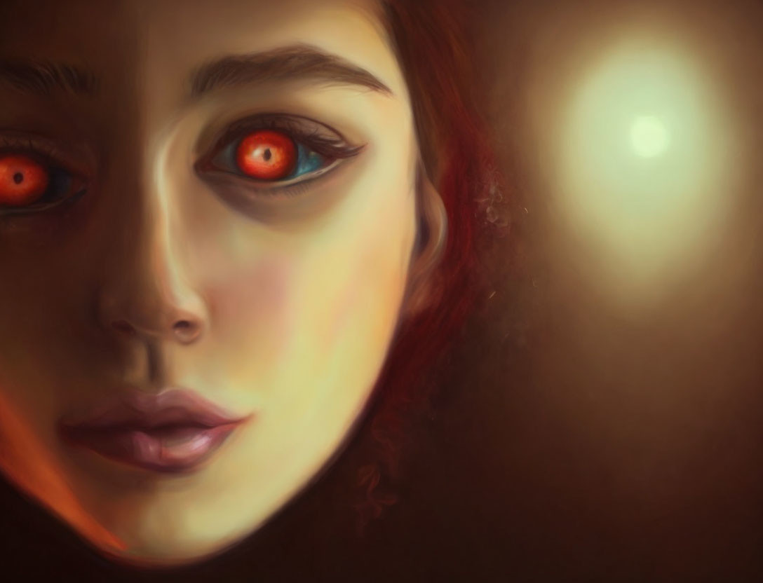 Digital painting: Woman with heterochromia, blue and red eyes, red hair, dark warm