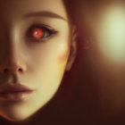 Digital painting: Woman with heterochromia, blue and red eyes, red hair, dark warm