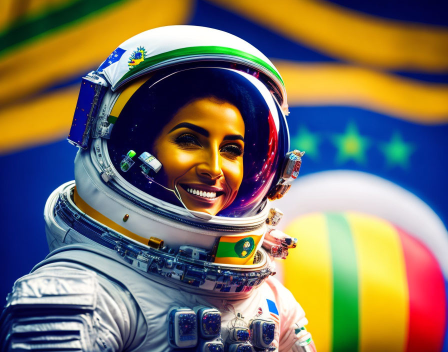 Reflective visor astronaut smiling in front of vibrant flags