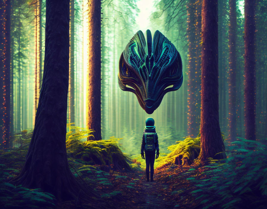 Person in space suit encounters ornate alien mask in misty forest