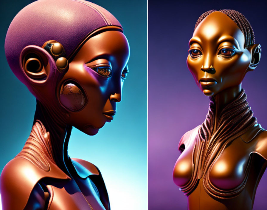 Futuristic female android with purple skin and metallic features in dual portrait.