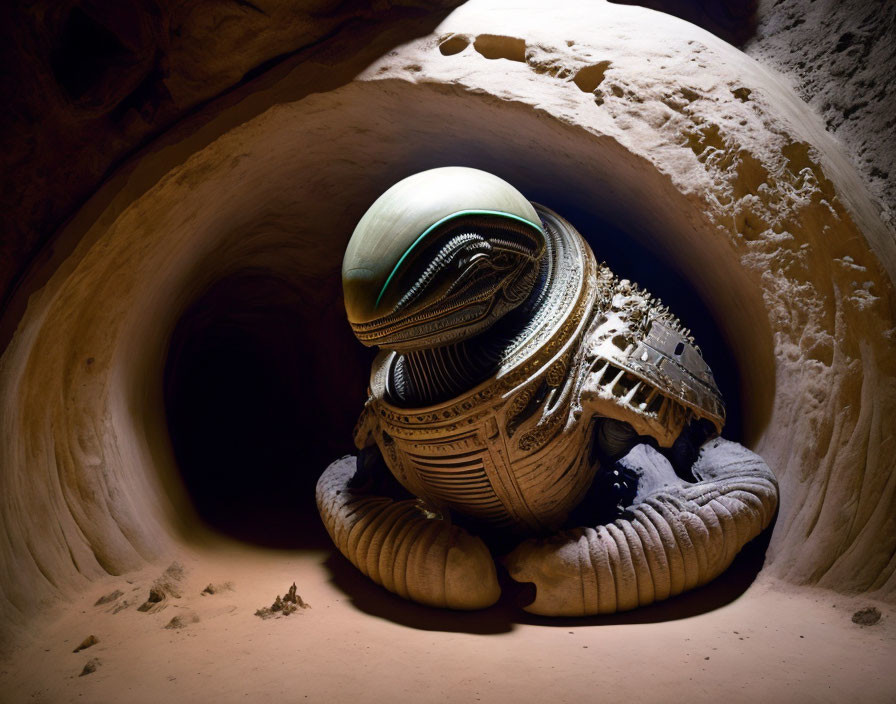 Intricately designed metallic spherical sculpture in sandy cave interior