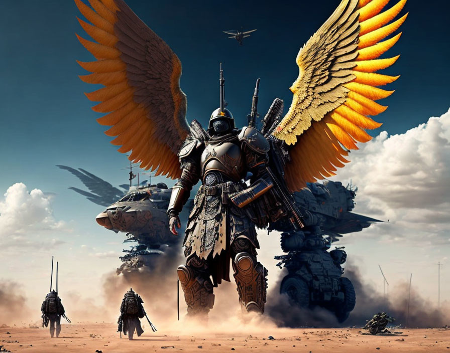 Armored warrior with large wings on futuristic battlefield.