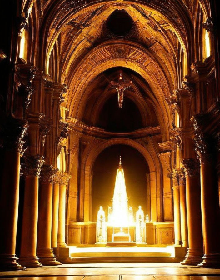 Gothic church interior illuminated by warm golden light