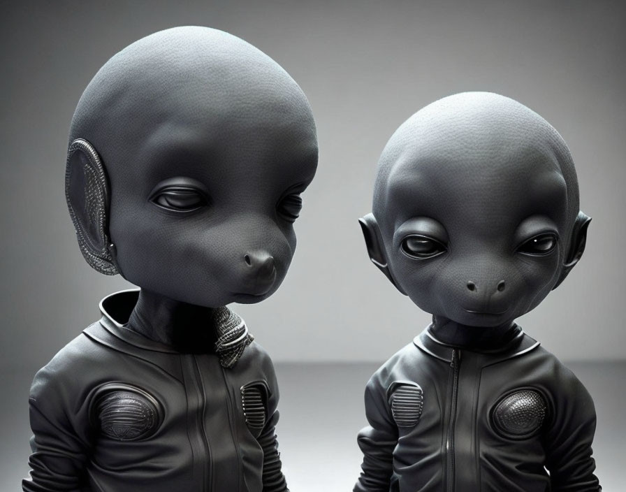 Stylized figures with oversized heads and large eyes in sci-fi suits