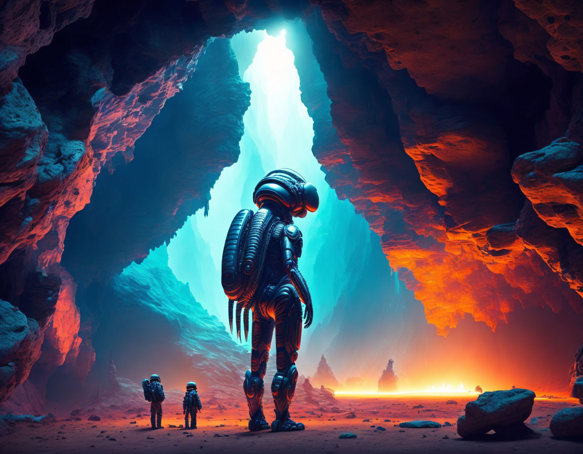 Astronauts in alien cave with glowing entrance under vibrant sky