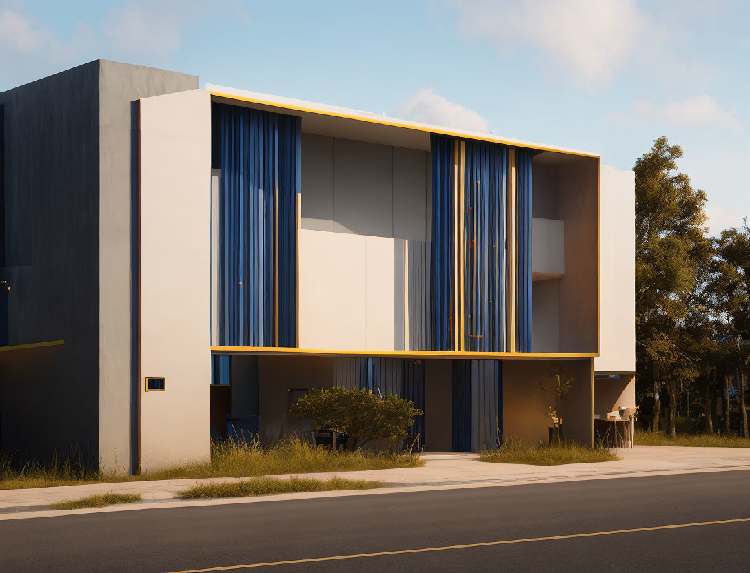 Geometric Design Two-Story Building with Blue Curtains & Golden Lighting