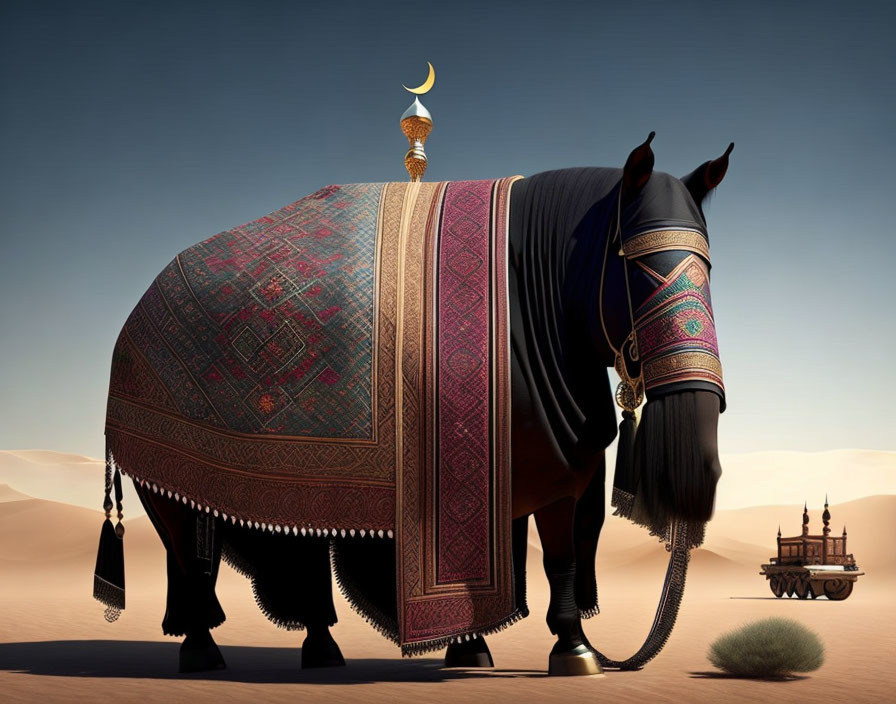 Surreal elephant with horse silhouette in desert scenery