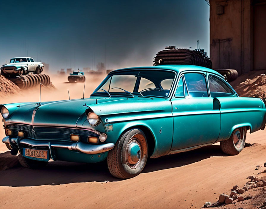 Vintage Turquoise Car in Dusty Desert with Blurred Racing Cars