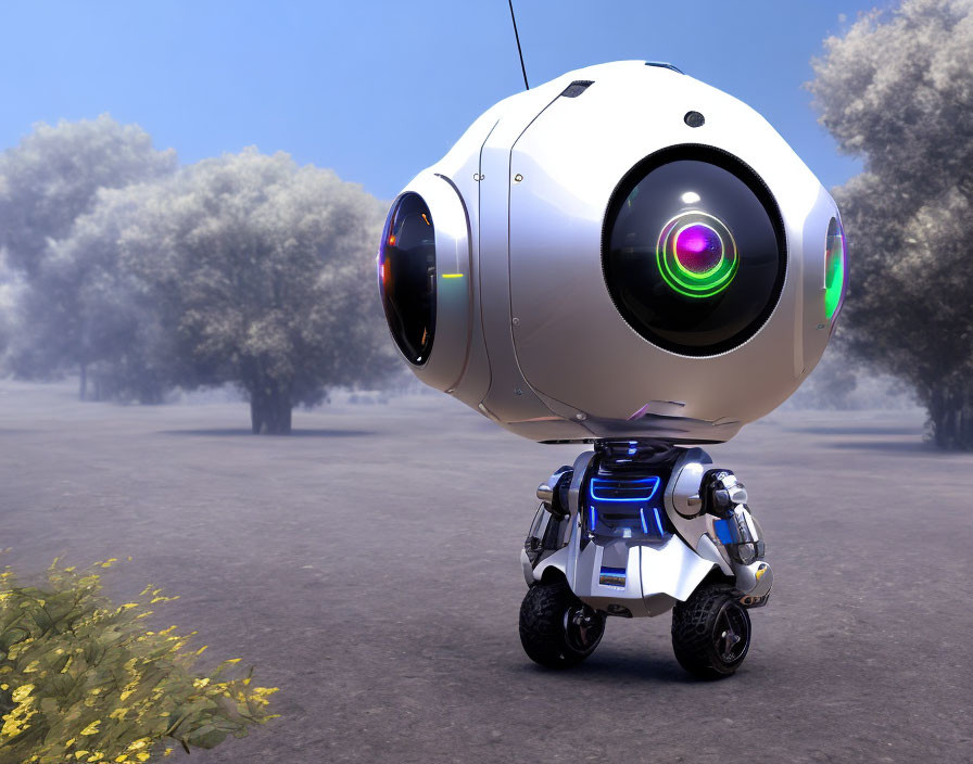 White spherical robot with central eye in hazy park with trees and yellow flowers